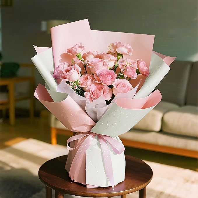WRAPAHOLIC 20 Sheets Flower Wrapping Paper - 22.4 x 22.4 inch Pink Color Water-Resistant Floral Bouquet Wrapping Paper, Florist Supplies Packaging for Wedding Birthday Gift DIY