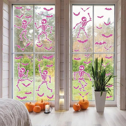 Halloween Wall Decals and Skeleton Window Clings - 6 Sheets 43 Pcs Removable Pink Ghost Bat Wall Stickers for Mirrors, Windows, Home Bedroom Party Decor