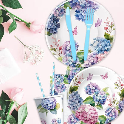 Hydrangea Floral Plates and Napkins Party Supplies - Paper Plate, Cup, Napkin, Fork - Flower Hydrangea Birthday, Bridal, Baby Shower, Wedding Decorations | Serve 24