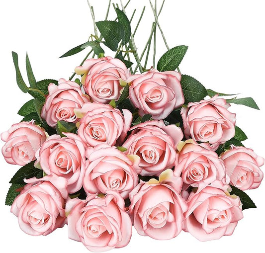 80 Pcs Roses Artificial Flowers, Silk Light Pink Artificial Flowers Petals Long Stem Roses for Wedding Bouquet Home Party Decor