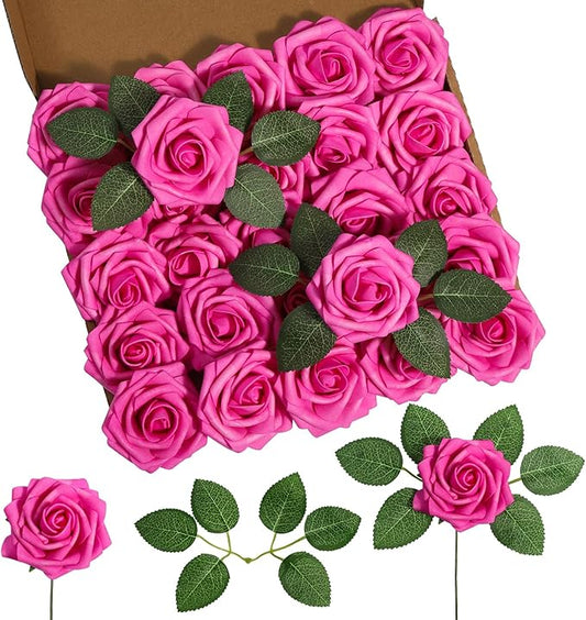 DuHouse 25Pcs Artificial Roses Flowers Fake Roses with Stems Real Touch Foam Flowers for DIY Wedding Bouquet Baby Shower Centerpiece Floral Arrangement Party Home Decor (Hot Pink)