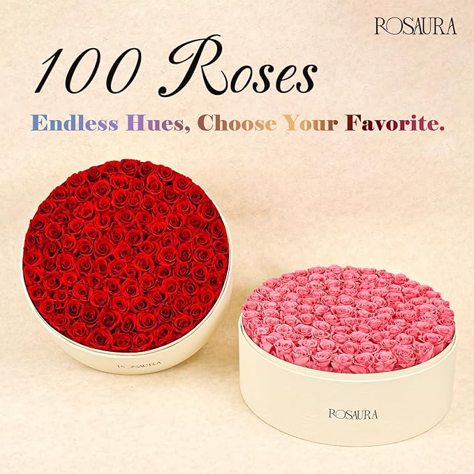 Rosaura Round Preserved Roses Gift Box - Real Forever Flowers for Birthday, Valentine's & Mother's Day (Pink, 100 Roses)