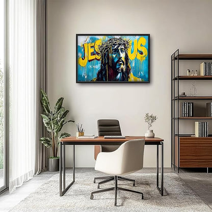 Banksy Jesus Large Wall Art Graffiti Framed Wall Decor for Living Room Pop Street Pictures Oversized Canvas Print Painting Modern Extra Large Framed Artwork for Bedroom Office 36"x24"