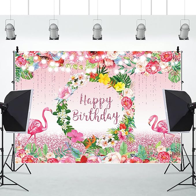 Renaiss 6x4ft Pink Flamingo Happy Birthday Backdrop Tropical Leaves Floral Hoop Winkle Hawaiian Photography Background Luau Aloha Party Decor Girls Birthday Photo Props Dessert Gift Table Banner