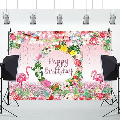 Renaiss 6x4ft Pink Flamingo Happy Birthday Backdrop Tropical Leaves Floral Hoop Winkle Hawaiian Photography Background Luau Aloha Party Decor Girls Birthday Photo Props Dessert Gift Table Banner
