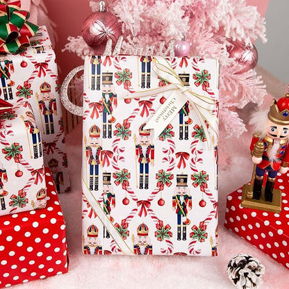 MAYPLUSS Christmas Nutcracker Wrapping Paper - 17 Inch X 33 Feet - Metallic Gift Wrapping Paper featuring Christmas Tree Holly Cute Bow Candy Cane Reversible Polka Dot for Holiday Party New Year Kids