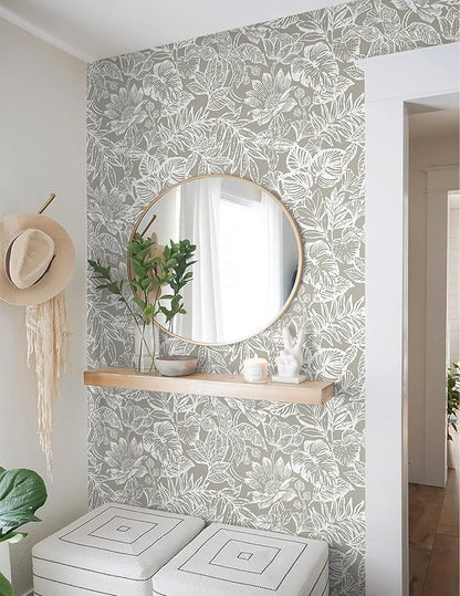 Peel and Stick Wallpaper Vintage Wall Paper Boho Contact Paper Bedroom Bathroom Wallpaper Peel and Stick Grey Brown Tropical Leaf Removable Self-Adhesive Wall Decor 17.3" x 197"