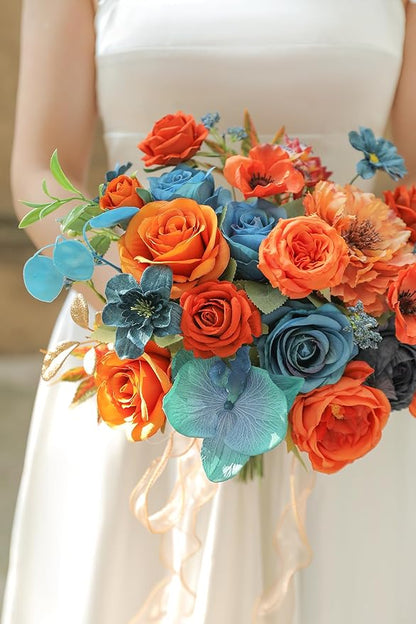 Fall Orange Artificial Flowers Roses Fake Flowers with Stems Blue Orange Artificial Flowers for DIY Bridal Bouquets Faux Flowers Centerpieces for Table Home Decor