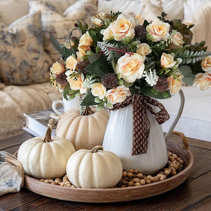 3 Bundles Fall Artificial Flowers Bouquet, Mixed Artificial Rose Silk Roses Flowers Fake Roses Artificial Flowers Roses Bouquet for Centerpiece Table Wedding Party Home Decor (White)