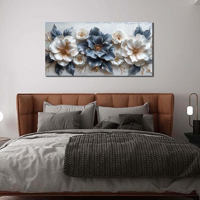 Flower Prints Wall Art for Living Room Blue and White Paintings for Wall Office Wall Decor for Bedroom Aesthetic Size 20" x 40"