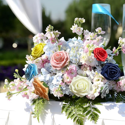 [25PCS] Navy Blue Roses Artificial Flowers with Long Stem Real Touch Fake Foam Roses for Decoration DIY Wedding Bouquets Centerpieces Bridal Shower Flower Arrangements Home Decor