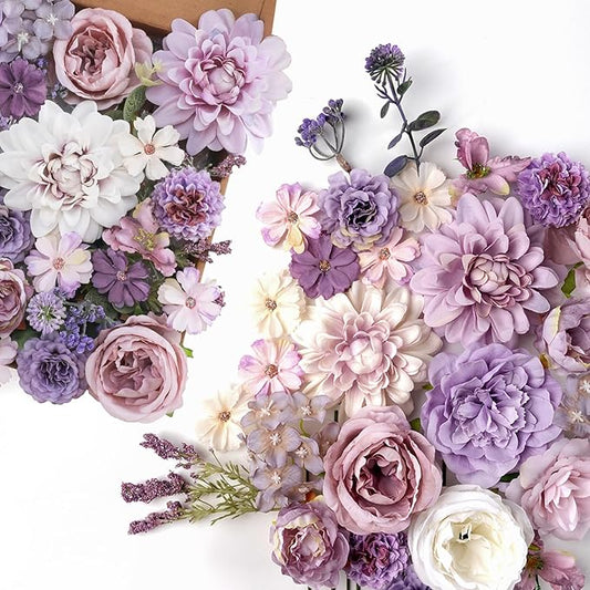 Senseya Artificial Flowers Combo Set, Purple Silk Roses, Peonies, Dahlias with Stems for DIY Wedding Bouquets, Baby Shower, Table Centerpieces, Home Decor, Fake Floral Arrangements, Party Decorations