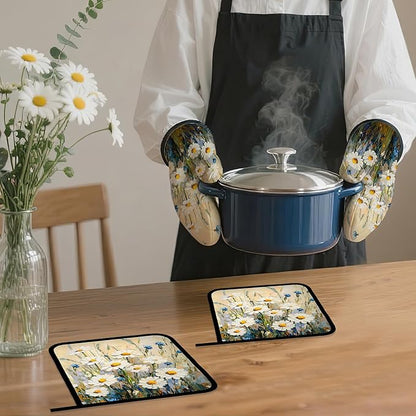 Vintage Daisy Flower Oven Mitts and Pot Holders,Heat Resistant Oven Mitts Gloves and Pot Holder for Home Kitchen Decorations Cooking Baking BBQ Gifts,Set of 4