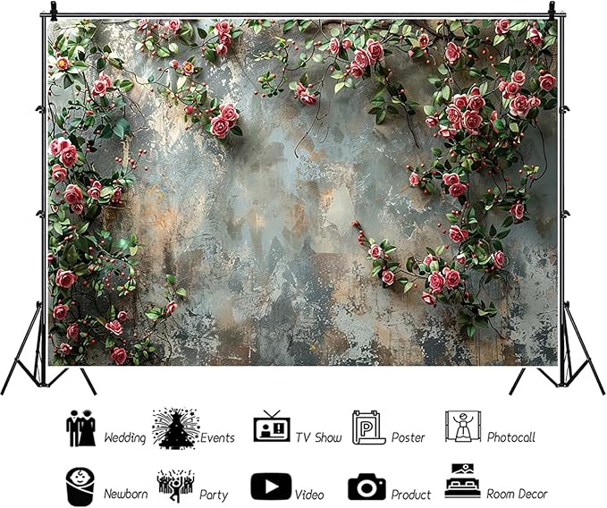 Baocicco 10x6.5ft Vinyl Old Floral Wall Photography Background Retro Texture Wall Grain Pink Rose Fairytale Birthday Backdrops Medieval Wedding Events Party Decorations Newborn Baby Shower Studio