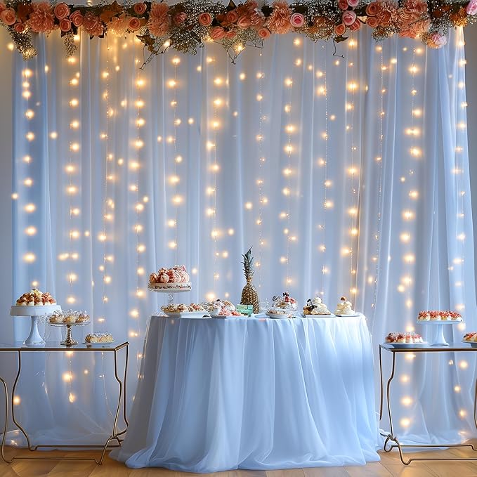10x10ft Baby Blue Tulle Backdrop Curtain with Lights String for Parites, Sheer Backdrop Curtains for Wedding Baby Shower Birthday Party Photo Shoot Decorations