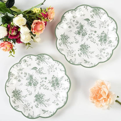 24Pcs Sage Green Floral Party Plates Vintage Floral Leaf Disposable Paper Plates Wildflower Toile 7" Scalloped Rim Dessert Plate for Christmas Birthday Bridal Tea Party Supplies