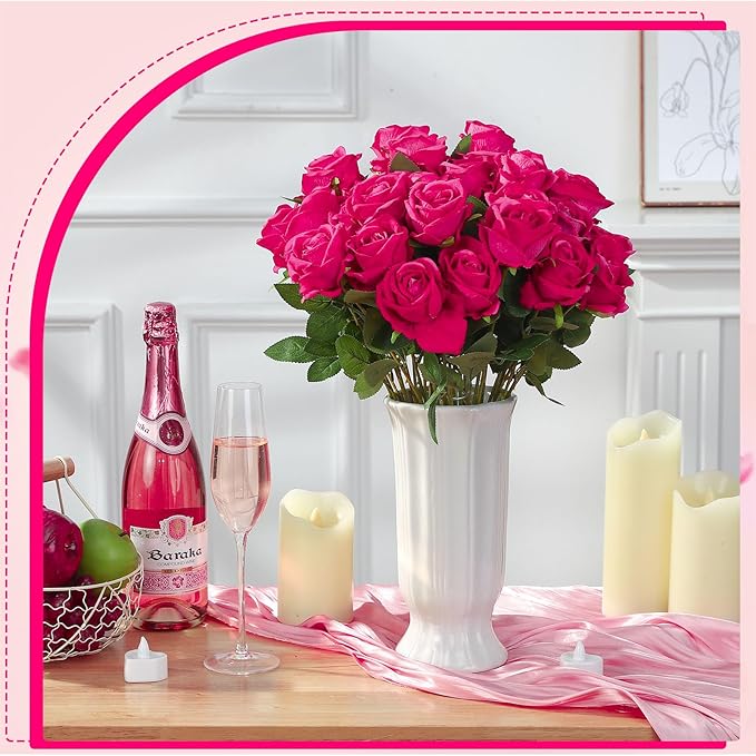 80 Pcs Roses Artificial Flowers, Silk Hot Pink Artificial Flowers Petals Long Stem Roses for Wedding Bouquet Home Party Decor