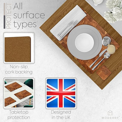 Set of 4 Heat Resistant Cork Placemats for Dining Table with Free Set of 4 Matching Drink Coasters Marble Design 16 x 12 Inches Cork Backed Hard Placemats (Honey Oak)