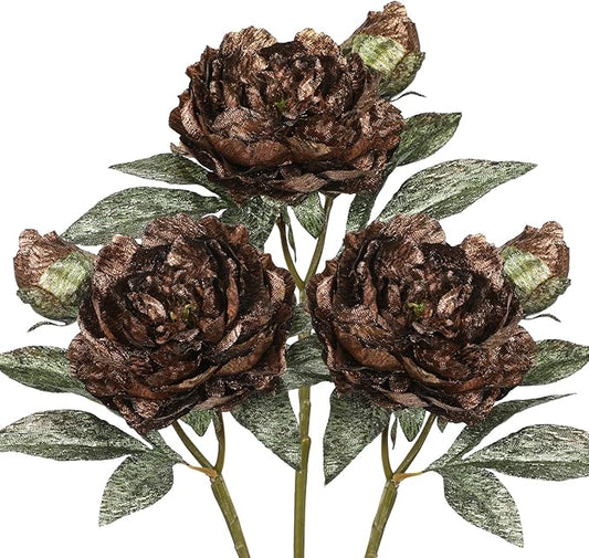 Briful 3PCS Artificial Christmas Peony Flower Stems, 15in Silk Peonies with Bud Fake Peony Floral Arrangement for Xmas Home Vase Party Wedding Bouquet Decor, Coffee Brown