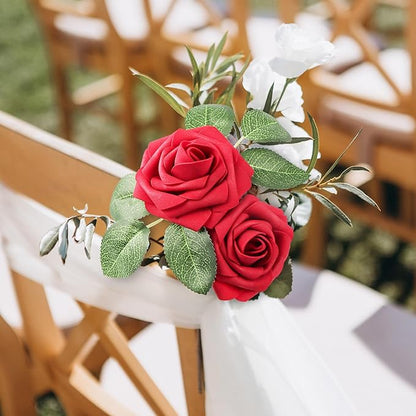 Mocoosy 50 Pcs Artificial Flowers Red Roses Bulk, Real Looking Fake Foam Roses with Stems DIY Wedding Bouquet Floral Arrangement Bride Shower Centerpieces Valentines Day Christmas Tree Decorations