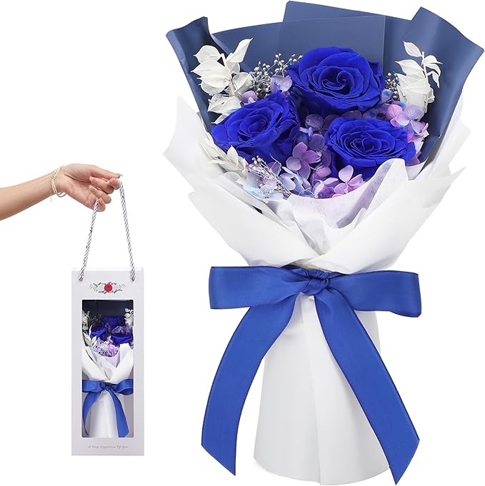 Flower Bouquet Gifts for Her, Flowers for Delivery Prime, Preserved Roses Flower Gifts for Women, Valentines Flowers, Mom Gifts from Daughter Son, Birthday Gifts, Real Roses,Blue Roses