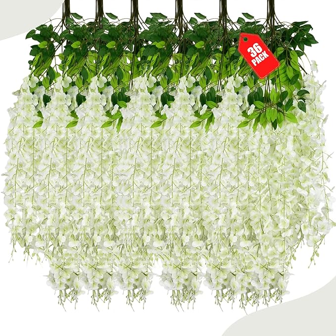 36 Pack Green White Wisteria Hanging Flowers, 3.44 Ft Fake Hanging Flowers, Artificial Wisteria Garland Vines for Wedding Room Backdrop Outdoor Patio Garden Decoration