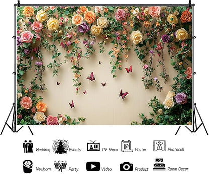 Baocicco 8x6.5ft Flowers Wall Photography Background Butterfly Spring Floral Botanical Banner Backdrop Vintage Wedding Birthday Backdrop Decorations Girls Party Table Cake Decoration Photo Props