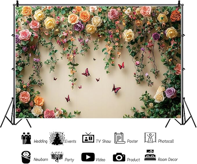 Baocicco 10x7ft Flowers Wall Photography Background Butterfly Spring Floral Botanical Banner Backdrop Vintage Wedding Birthday Backdrop Decorations Girls Party Table Cake Decoration Photo Props