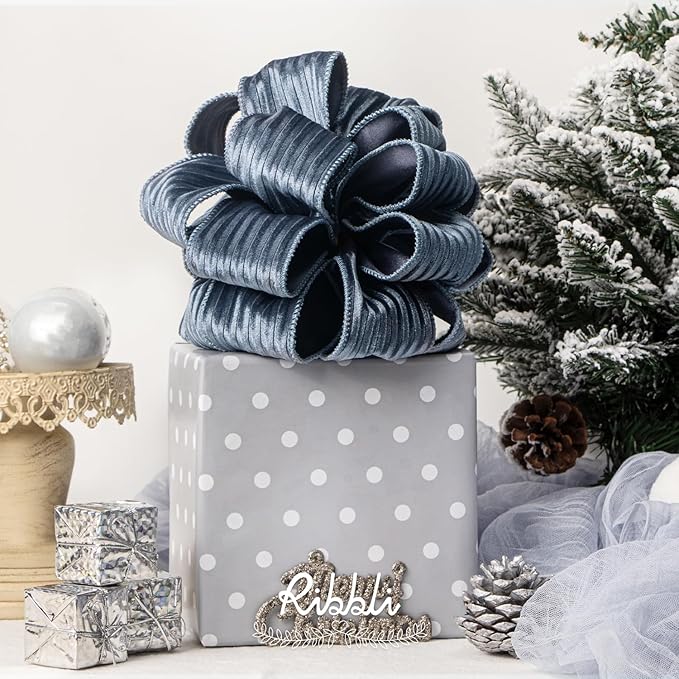 Ribbli Glossy Dusty Blue Velvet Wired Ribbon 2.5 Inch Striped Velvet Christmas Ribbon for Gift Wrapping Christmas Tree Decoration Crafts Wreaths Supplies-Continuous 10 Yards