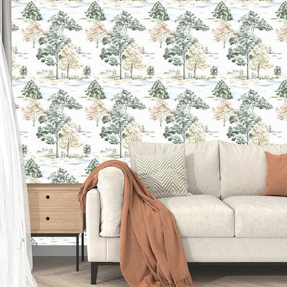 Trees Wallpaper Peel and Stick, White/Green/Yellow Forest Contact Paper, Modern Botanical Landscape Woodland Wall Paper Self Adhesive Waterproof Removable for Shelves Cabinet Drawer Table 17.5" x 118"