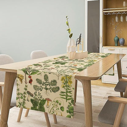 Vintage Botanical Table Runner, Antique 1900s Plants Herbs Mushroom Boho Retro Wildflower Ferns Print Table Runner for Farmhouse Kitchen Indoor Outdoor Decoration, 13x120inch