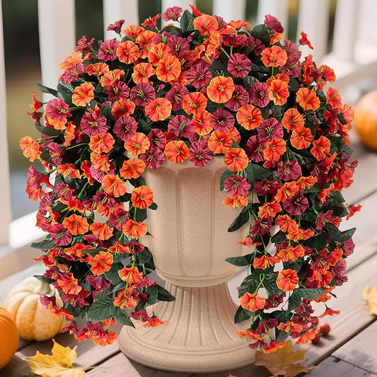 Fall Artificial Flowers for Outdoors Decoration, 2PCS Fake Hanging Plants Faux Realistic Silk Morning Glory Long Vines UV Resistant for Autumn Outdoor Porch Patio Balcony Yard Planter, Brown