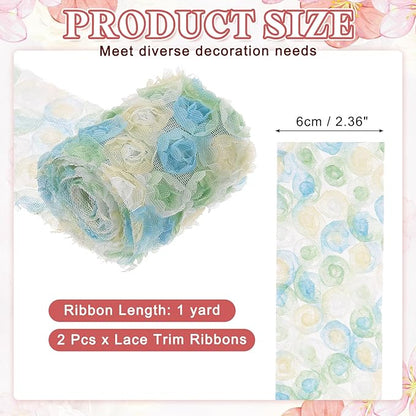 uxcell 2PCS Lace Trim Ribbon, 2.36 inch - 1 Yard 3D Rose Floral Embroidery Ribbons Edge Trimming for Sewing, Wedding Dress, DIY Crafts, Decoration Accessories, Color Green
