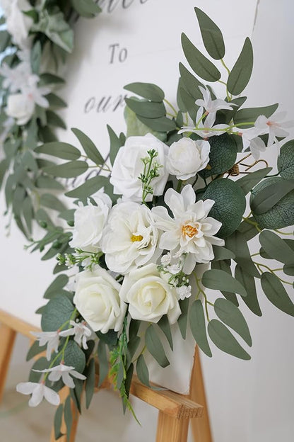 Wedding Arch Faux Flowers Set of 2, Welcome Sign Floral Decoration and Wedding Signs for Ceremony Reception Table Home Decoration (2ps White)