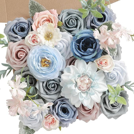 Artificial Flowers Box Blue Pink Silk Fake Rose for DIY Wedding Bridal Bouquets Cake Floral Arrangement Table Centerpieces Baby Shower Birthday Party Home Decor
