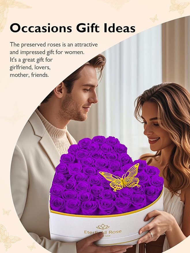 Eterfield 47 Forever Flowers in Heart Shape Box, Preserved Roses That Last a Year Preserved Flowers Birthday Gifts for Her Mom Women Wife Anniversary Valentines Day Mothers Day Christmas, Purple