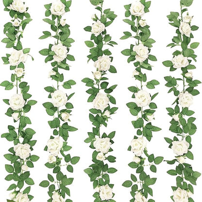 ZIFTY 5Pcs 32.5FT White Flower Garland Fake Vines Faux Artificial Floral Garland for Wedding Decortions Hanging Rose Ivy for Arch Garden Ceremony Background Outdoor Wall Decor