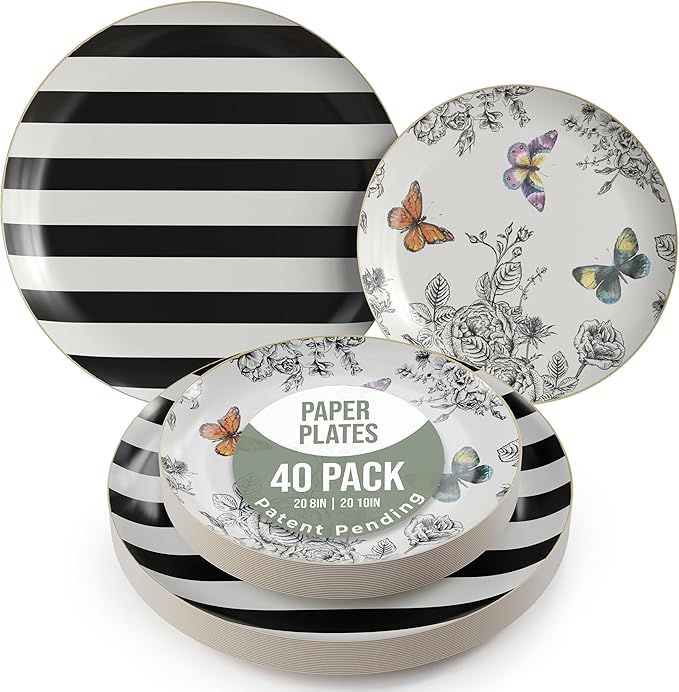 Trendables Floral Paper Plates 8.5 Inch & 10.5 Inch 40 Pcs Dinner Plate Set Fancy Disposable Plates for Party for 20 Guests 20 X 8 & 20 X 10 Large & Small Paper Plate Set for Parties Monarch