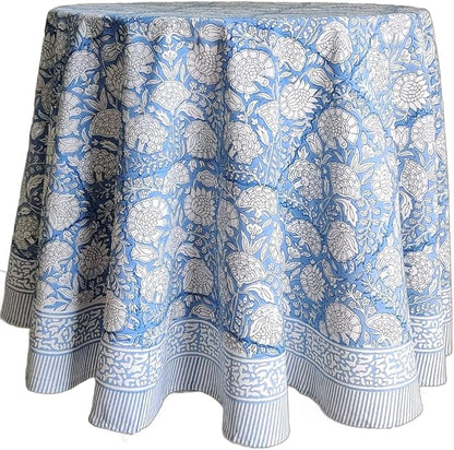 ATOSII Azora Blue 100% Cotton Round Spring Tablecloth, Handblock Print Floral Table Cloth for Kitchen Dining Linen I Parties, Weddings, Outdoors, Easter Holidays I 60" Inches Round