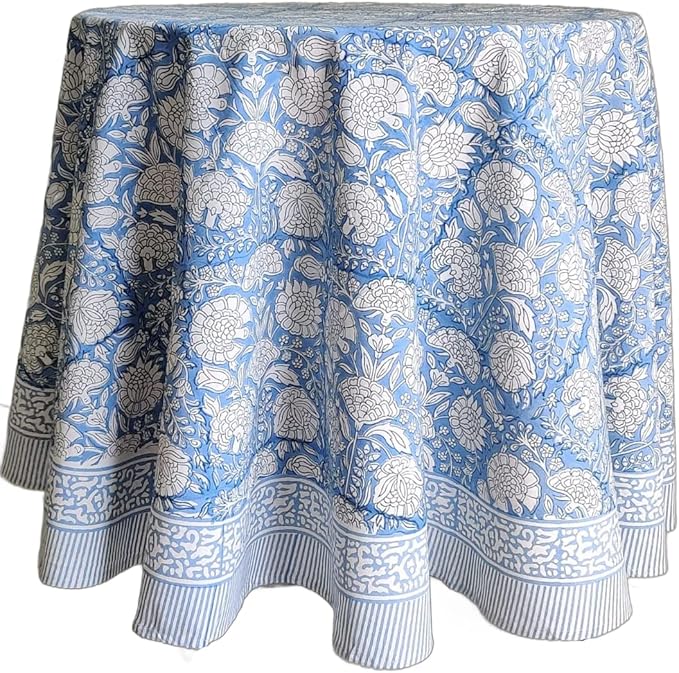 ATOSII Azora Blue 100% Cotton Round Tablecloth, Handblock Print Floral Table Cloth for Kitchen Dining Linen I Parties, Weddings, Outdoors I 72" Inches Round