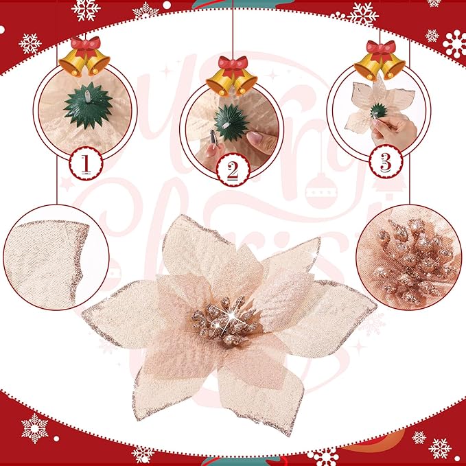 WILLBOND 24 Pcs 3 Size Poinsettia Flower Artificial Christmas Decor Glitter Poinsettia Christmas Ornaments Faux Flowers for Xmas Tree Outdoor(4/6/7.9 Inches,Rose Gold)