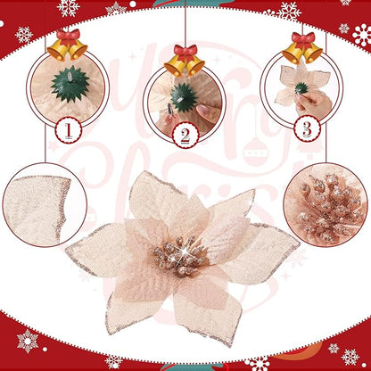 WILLBOND 24 Pcs 3 Size Poinsettia Flower Artificial Christmas Decor Glitter Poinsettia Christmas Ornaments Faux Flowers for Xmas Tree Outdoor(4/6/7.9 Inches,Rose Gold)
