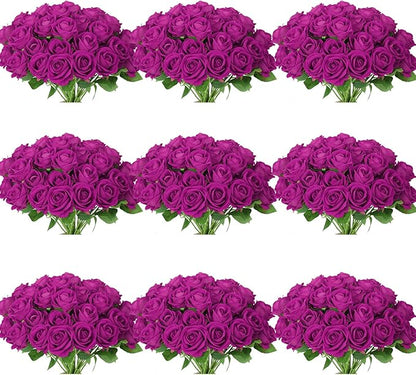 102 PCS Purple Roses Artificial Flowers, Fake Purple Roses, Purple Artificial Roses with Stems for Wedding Flowers Decoration, Valentines Roses, Wedding Decoration