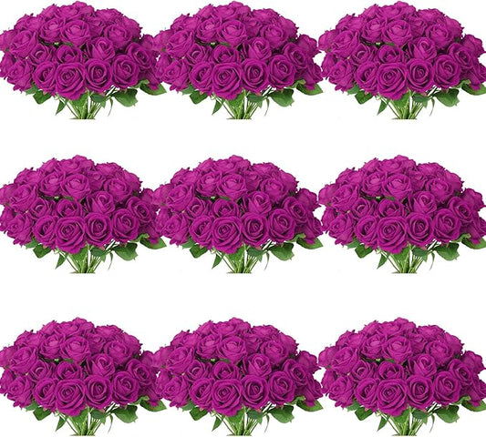 102 PCS Purple Roses Artificial Flowers, Fake Purple Roses, Purple Artificial Roses with Stems for Wedding Flowers Decoration, Valentines Roses, Wedding Decoration