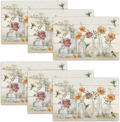 Floral Placemats Set of 6 Flower Hummingbird Table Mats Washable Place Mats for Home Party Indoor Kitchen Dining Table Decoration 12x18 Inch