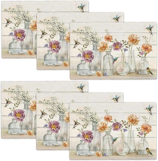 Floral Placemats Set of 6 Flower Hummingbird Table Mats Washable Place Mats for Home Party Indoor Kitchen Dining Table Decoration 12x18 Inch
