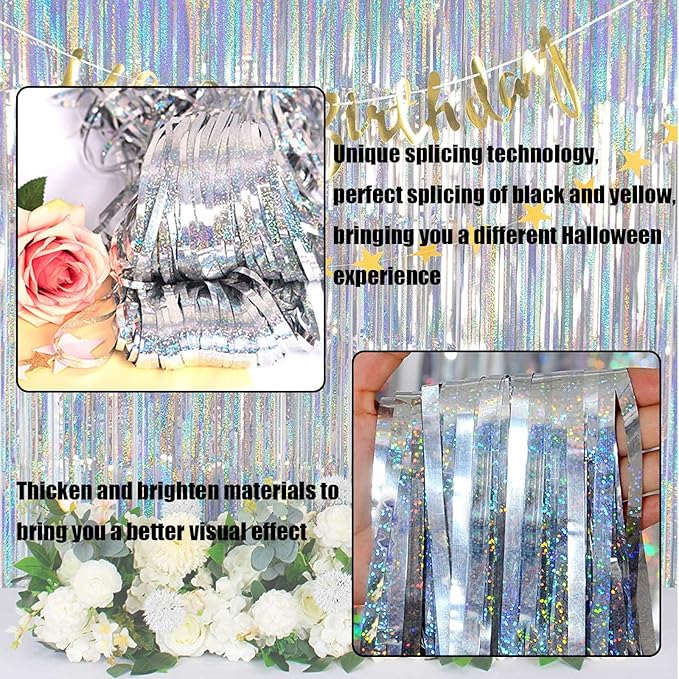4 Pack Silver Tinsel Foil Fringe Curtain Backdrop, 3.28Ft x 8.2Ft Metallic Streamers for Photo Booth Props Wedding Bridal Shower Bachelorette Birthday Halloween Christmas Party Decoration