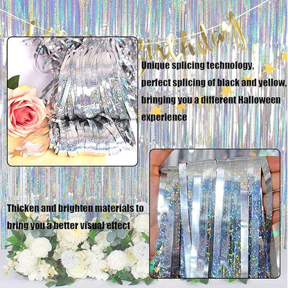 4 Pack Silver Tinsel Foil Fringe Curtain Backdrop, 3.28Ft x 8.2Ft Metallic Streamers for Photo Booth Props Wedding Bridal Shower Bachelorette Birthday Halloween Christmas Party Decoration