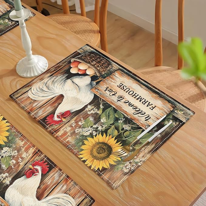 Farmhouse Rooster Placemats Set of 6, Rustic Chicken Place Mats, Country Sunflower Dining Table Mats, Washable Placemats for Kitchen Dining Room Home Decor 18L'' × 12W''
