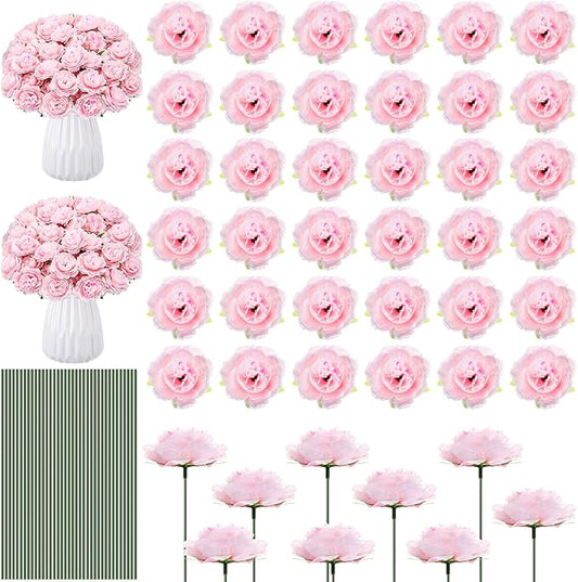 200 Pcs Flowers Long Stem Artificial Rose Bulk, 3.2 Inches Silk Rose Head Flowers Faux for Wedding Bridal Bouquet Independence Day Home Floral DIY Centerpieces Party Decoration(Pink)
